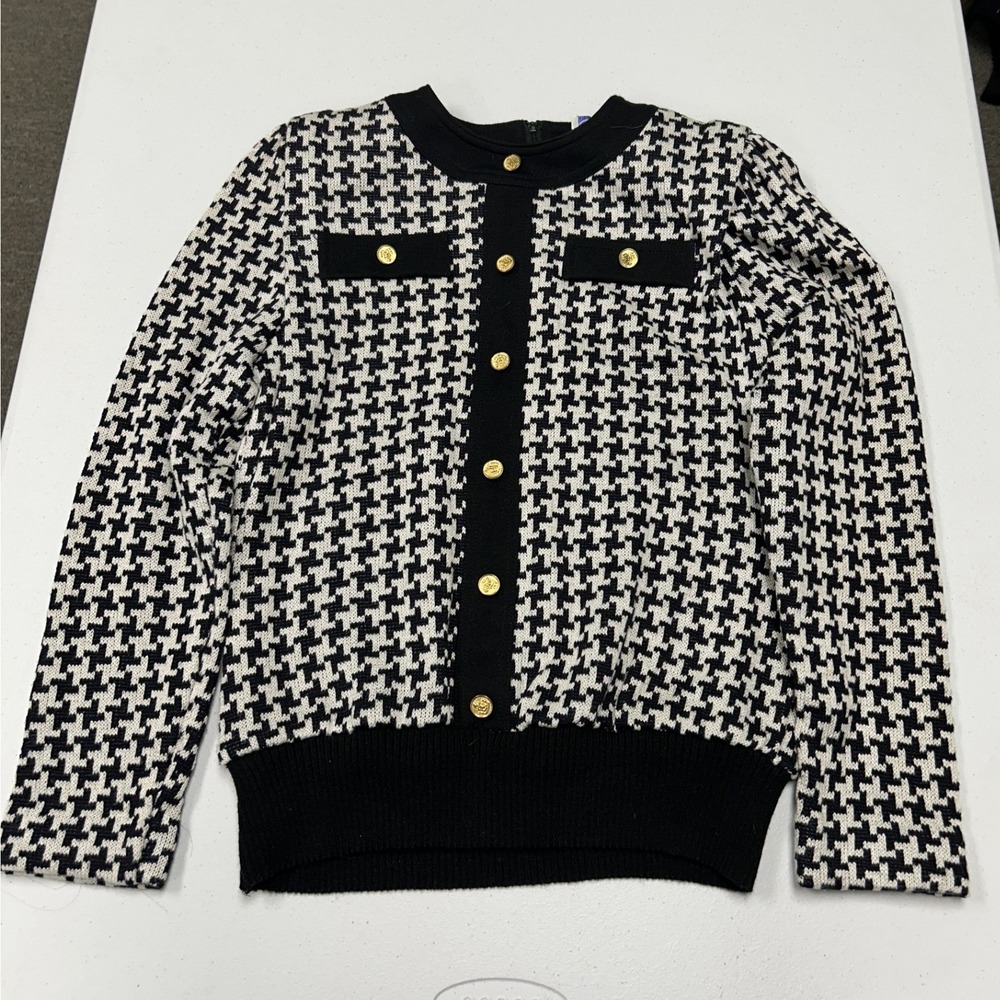 Leslie Fay Knit Top Womens 8 Black White Houndstooth Gold Button Vintage USA